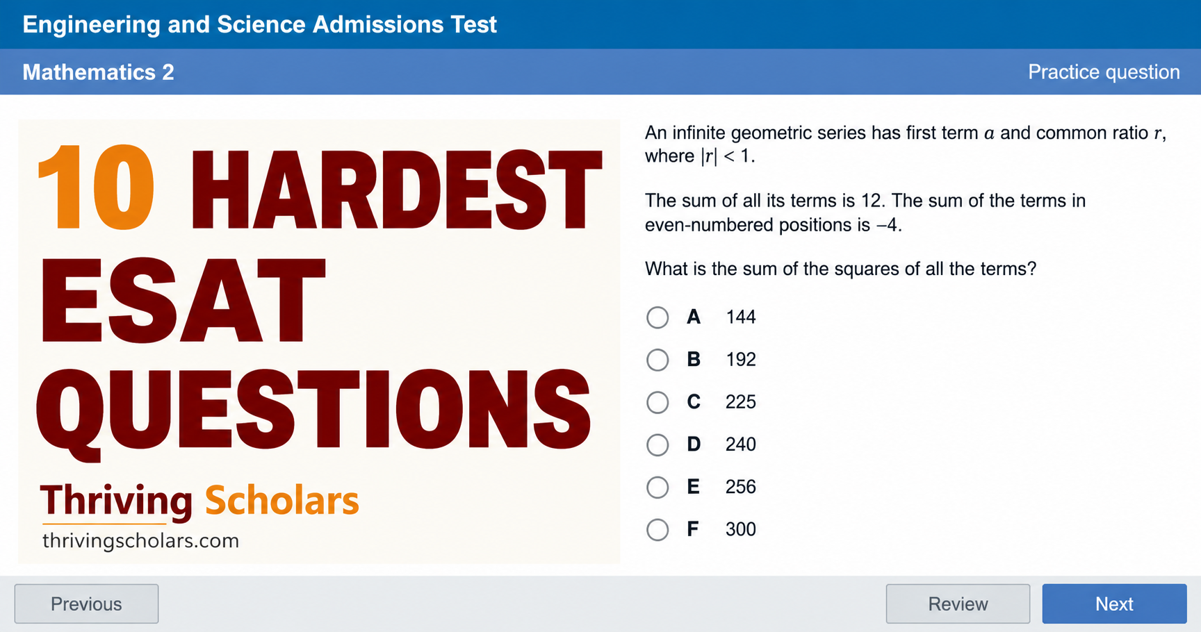 10 Hardest ESAT Questions by Thriving Scholars, with a geometric series question visible in an ESAT-style test screen