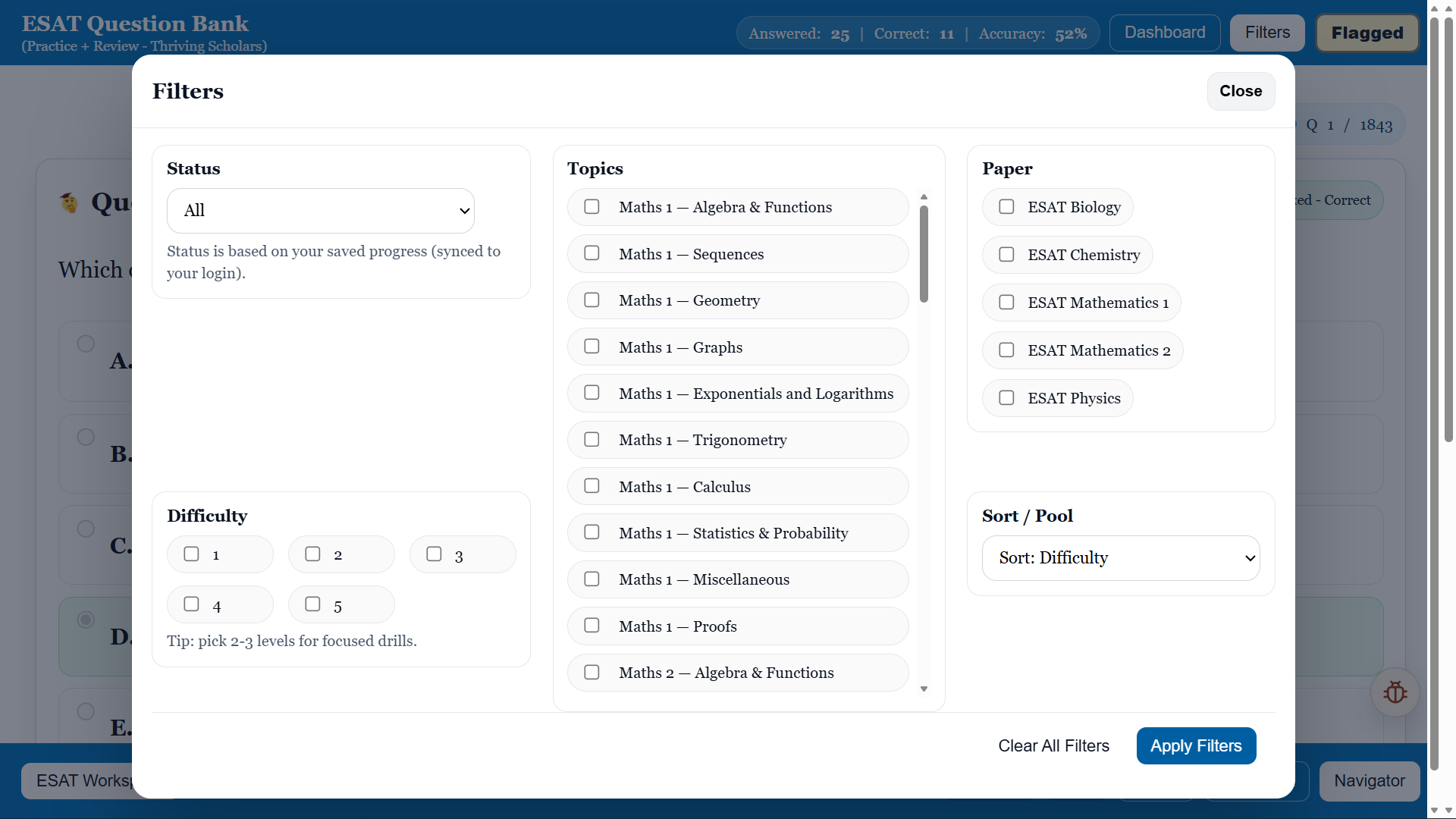 ESAT Question Bank filters for subject paper, topic, difficulty, status and sorting