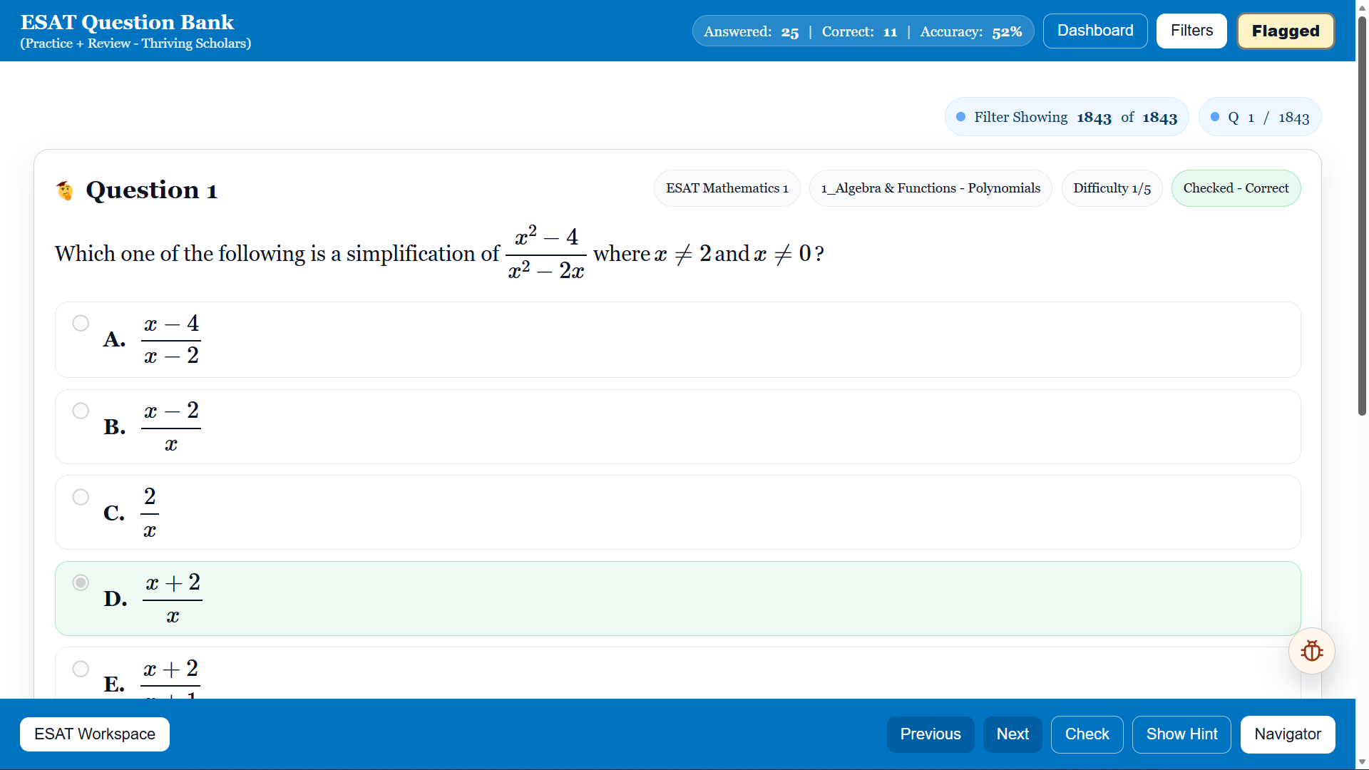 ESAT Question Bank interface with a Mathematics 1 question, progress totals, hints, checking and navigation controls