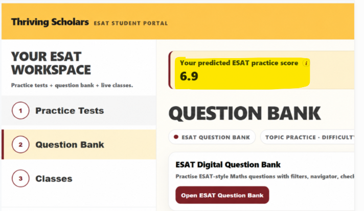 ESAT portal Question Bank dashboard showing a predicted ESAT practice score and the Question Bank section