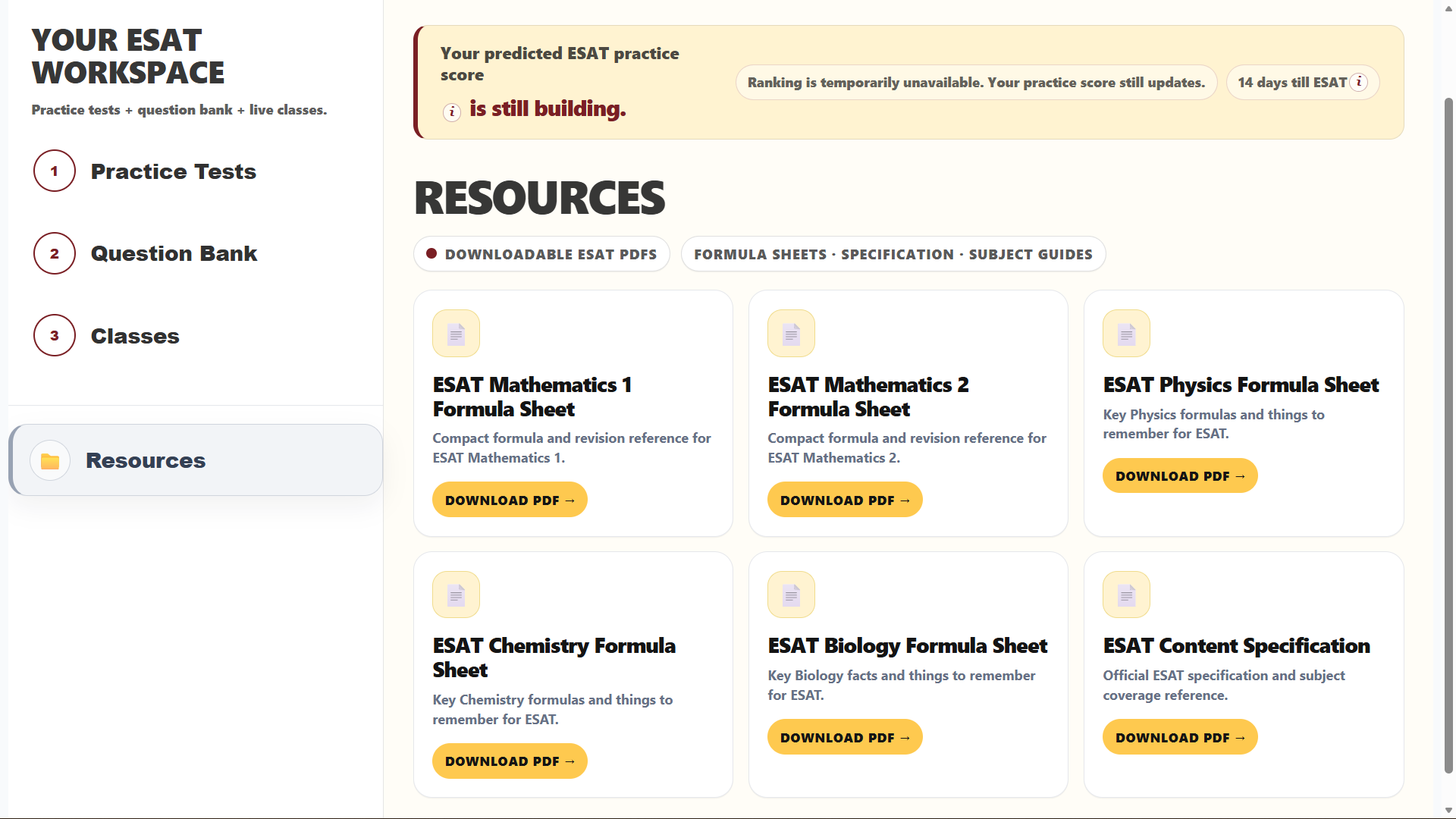 ESAT portal resource library with Mathematics, Physics, Chemistry and Biology formula sheets