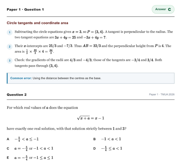 Sample TMUA predictive paper worked solution with numbered steps and a common-error note
